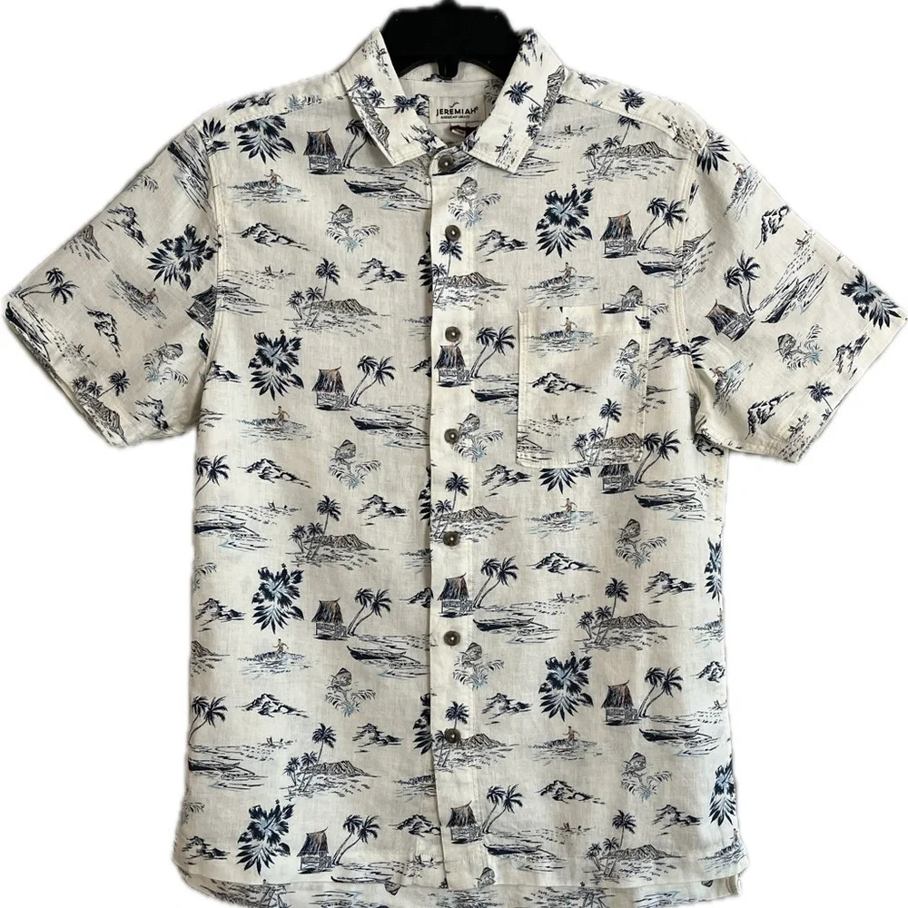 NWT Jeremiah Linen Blend Button Down Allover Surfer Palms Print Short Sleeve, S
